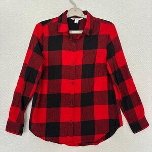 OLD NAVY WOMEN'S RED BLACK BUFFALO PLAID FLANNEL SHIRT BUTTON-DOWN LONG SLEEVE S